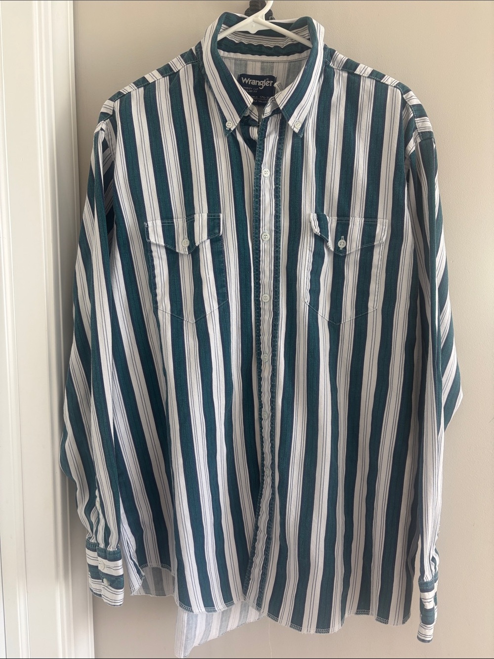 Vintage 90s Wrangler Striped Western Button Up Shirt Teal Navy White Sz 17.5x35